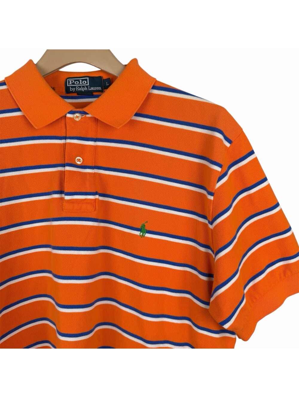 Polo Ralph Lauren Shirt Mens Large Orange Blue White Striped Short Sleeve Vtg L